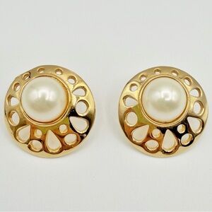 Vintage Gold Tone Faux Pearl Statement Earrings Openwork Disc
